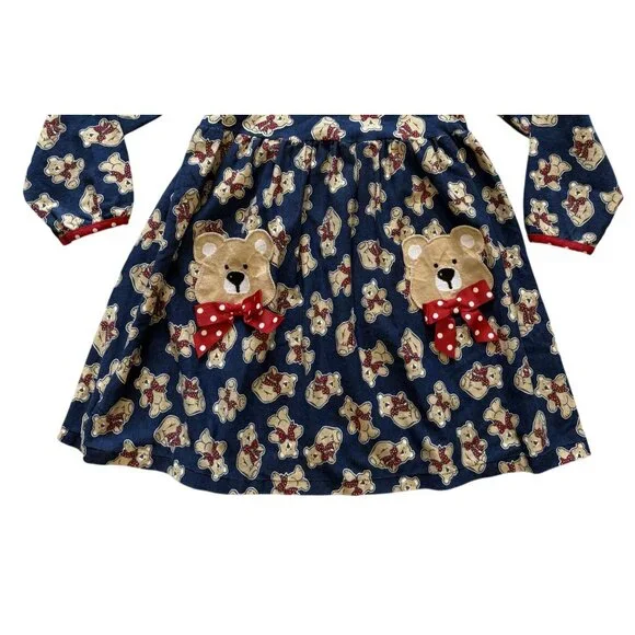Buster Brown Girls 6X Teddy Bear Dress With Pockets Navy & Red Polka Dot Collar - Picture 3 of 6